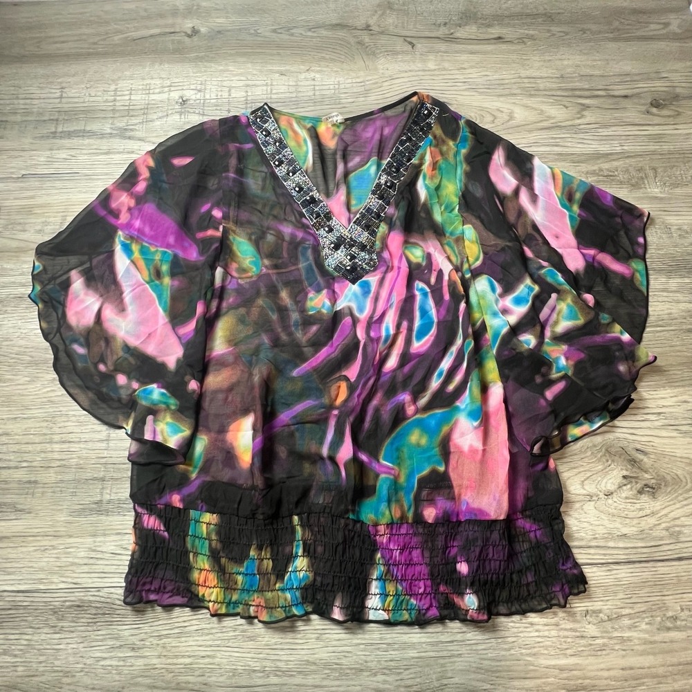 Studio Y Blouse Womens Large Black Pink Abstract Beaded V-Neck Smocked Boho Top‎